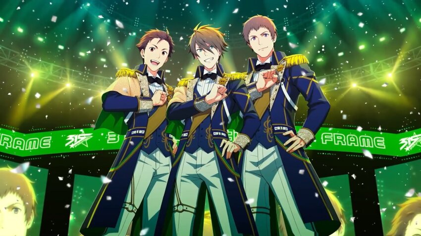 3boys akuno_hideo brown_hair confetti cowboy_shot epaulettes frame_(idolmaster) hair_between_eyes hand_on_own_hip highres idolmaster idolmaster_side-m kimura_ryu long_sleeves looking_at_viewer male_focus multiple_boys official_art open_mouth sharp_teeth shingen_seiji short_hair smile teeth