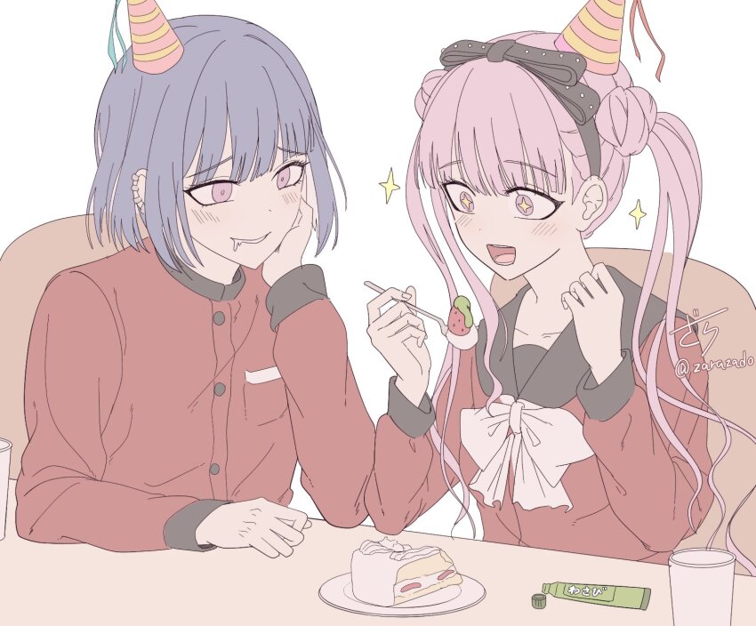 1boy arm_on_table black_bow black_hairband black_sailor_collar blush bow breast_pocket brother_and_sister cake cake_slice cup double_bun food hair_bun hairband hand_on_own_face hat highres holding jacket long_hair party_hat pink_hair pocket purple_hair red_jacket red_shirt sailor_collar saliva shirt short_hair siblings sitting smile sparkle sparkling_eyes strawberry_cake teeth the_hundred_line_-last_defense_academy- tsukumo_ima tsukumo_kako twins twintails twitter_username white_bow zarazado