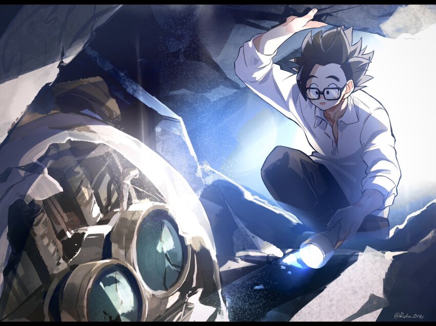 1boy black_eyes black_hair c-6_(dragon_ball) commentary_request dragon_ball dragon_ball_super dragonball_z flashlight glasses highres letterboxed light male_focus robot roku_(roku_0141) rubble shirt son_gohan twitter_username white_shirt