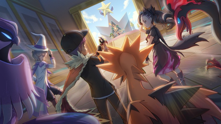 2girls 4boys adjusting_clothes adjusting_gloves bede_(champion)_(pokemon) bede_(pokemon) black_hair black_headwear blonde_hair cape charizard cloud coat commentary curly_hair day dress english_commentary fingerless_gloves galarian_articuno galarian_form galarian_moltres galarian_zapdos gen_1_pokemon gen_8_pokemon gloria_(pokemon) gloves hand_up hat highres hooh_lin hop_(champion)_(pokemon) hop_(pokemon) legendary_pokemon leon_(pokemon) long_hair marnie_(champion)_(pokemon) marnie_(pokemon) multiple_boys multiple_girls nintendo pants pokemon pokemon_(creature) pokemon_masters_ex pokemon_swsh rillaboom shirt sky stairs standing tile_floor tiles victor_(pokemon) zacian zacian_(crowned)