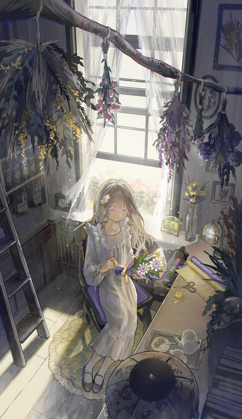 1girl absurdres analog_clock black_shoes bouquet cabinet chair clock closed_eyes closed_mouth commentary_request cup curtains day desk_lamp drawer dress flower frilled_dress frills giv_81 grey_hair hanging_plant highres holding holding_bouquet indoors ladder lamp light_smile long_dress long_hair long_sleeves mary_janes on_chair open_window original picture_frame plate rug scissors shoes sitting slice_of_life solo tape teacup teapot tray vase window yellow_flower