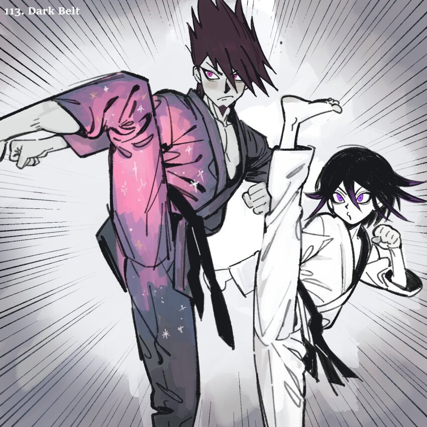 2boys aegyo_sal barefoot belt black_belt black_hair blush clenched_hands commentary danganronpa_(series) danganronpa_v3:_killing_harmony dougi dynamic_pose english_commentary facial_hair fighting_stance flipped_hair goatee grey_background hair_between_eyes height_difference highres karate karate_gi leg_up long_sleeves male_focus martial_arts martial_arts_belt miri_(bossu_osu) momota_kaito motion_lines multiple_boys oma_kokichi pectoral_cleavage pectorals purple_eyes purple_facial_hair purple_hair short_hair simple_background size_difference spiked_hair split standing standing_on_one_leg starry_sky_print taekwondo