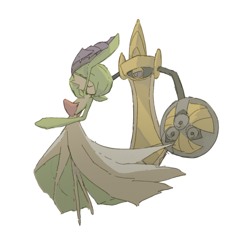1girl aegislash arm_up black_sclera bob_cut bright_pupils closed_eyes colored_sclera colored_skin dancing flat_chest floating full_body gardevoir gen_3_pokemon gen_6_pokemon green_hair green_skin hair_over_one_eye half-closed_eyes highres holding_hands looking_at_another multicolored_skin napopo nintendo no_mouth one-eyed one_eye_covered pokemon pokemon_(creature) purple_eyes shield short_hair simple_background sketch standing sword two-tone_skin u_u weapon white_background white_pupils white_skin