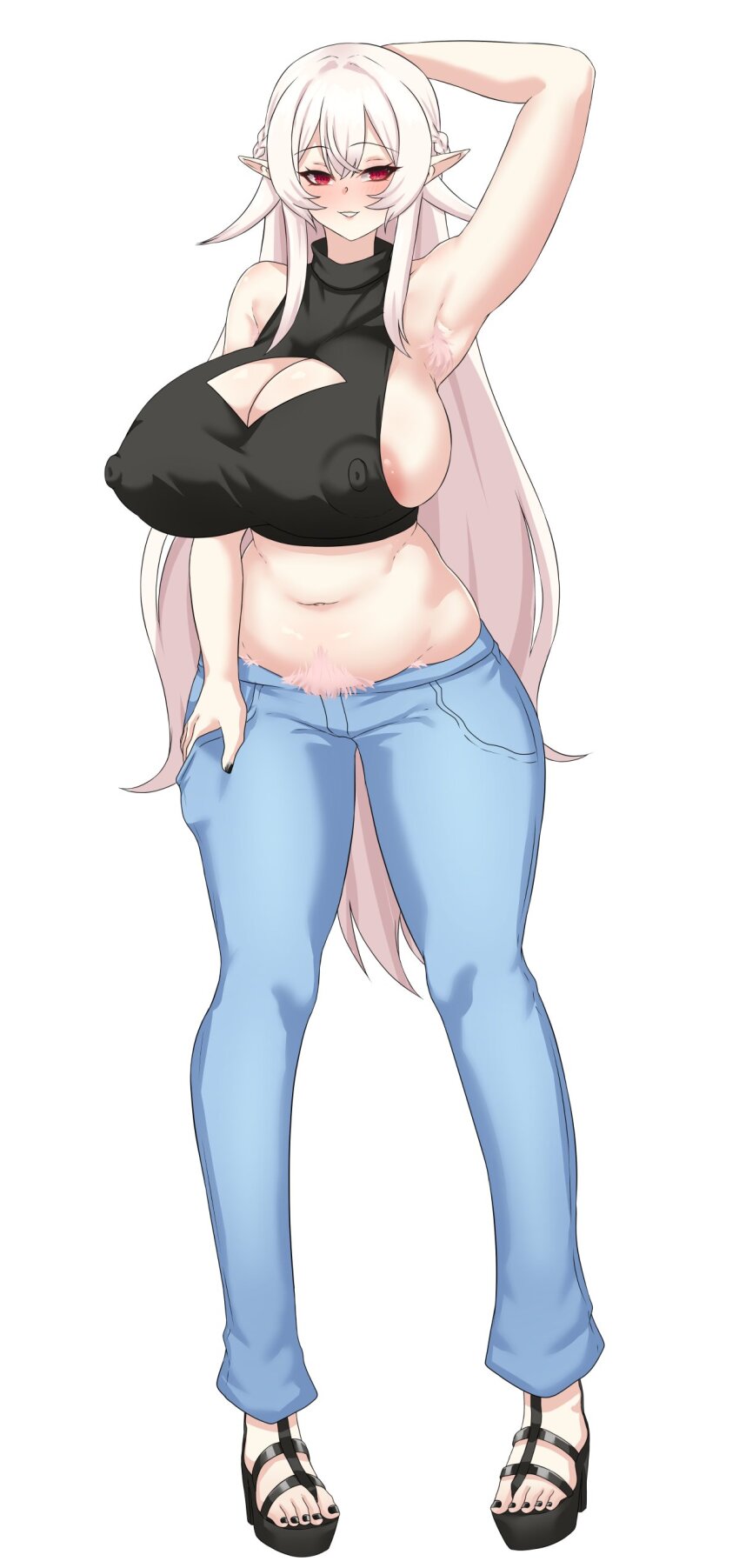 1girl absurdres armpit_hair armpits black_footwear black_nails black_shirt blue_pants blush braid breasts cleavage_cutout clothing_cutout colored_pubic_hair commentary commission covered_erect_nipples cropped_shirt english_commentary female_pubic_hair full_body hair_between_eyes highres huge_breasts long_hair nano_gure nexas_(vtuber) pants pointy_ears pubic_hair puffywaffles red_eyes shirt simple_background sleeveless sleeveless_shirt solo standing stomach teeth toeless_footwear very_long_hair virtual_youtuber white_background white_hair