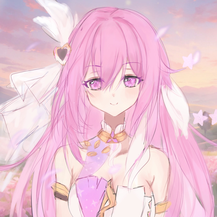 1girl breasts chinese_commentary cleavage commentary_request corset diamond-shaped_pupils diamond_(shape) elysia_(herrscher_of_human:_ego)_(honkai_impact) elysia_(honkai_impact) gradient_sky honkai_(series) honkai_impact_3rd large_breasts long_hair looking_at_viewer outdoors pink_hair purple_eyes sky smile solo symbol-shaped_pupils triquetra veil very_long_hair white_corset white_veil xingyun_xing