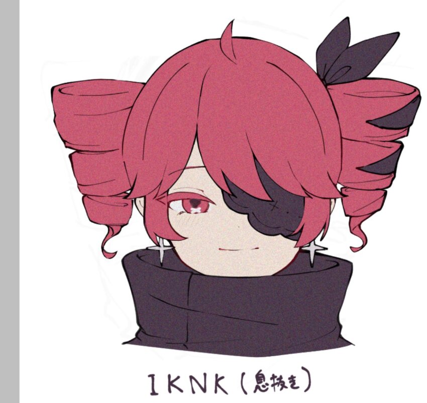 1girl alternate_costume black_bow black_jacket black_ribbon bow closed_mouth commentary_request cropped_shoulders distland_explore_(vocaloid) earrings hair_bow hair_ribbon jacket jewelry kasane_teto kasane_teto_(sv) one_eye_covered portrait red_eyes ribbon simple_background smile solo synthesizer_v tete_(rip_gnkr39) utau white_background