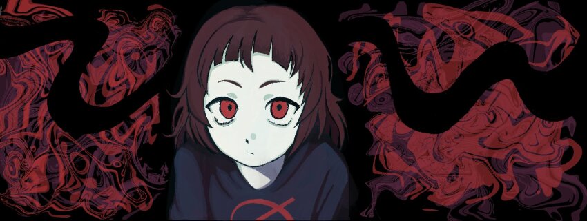 1girl abstract_background black_sweater brown_hair closed_mouth commentary_request expressionless greek_commentary highres logi_(lgdkn) long_sleeves looking_at_viewer messy_hair milk-chan_(milk_series) milk_inside_a_bag_of_milk_inside_a_bag_of_milk pale_skin red_background red_eyes shirt short_bangs short_hair solo spiral_background sweater upper_body