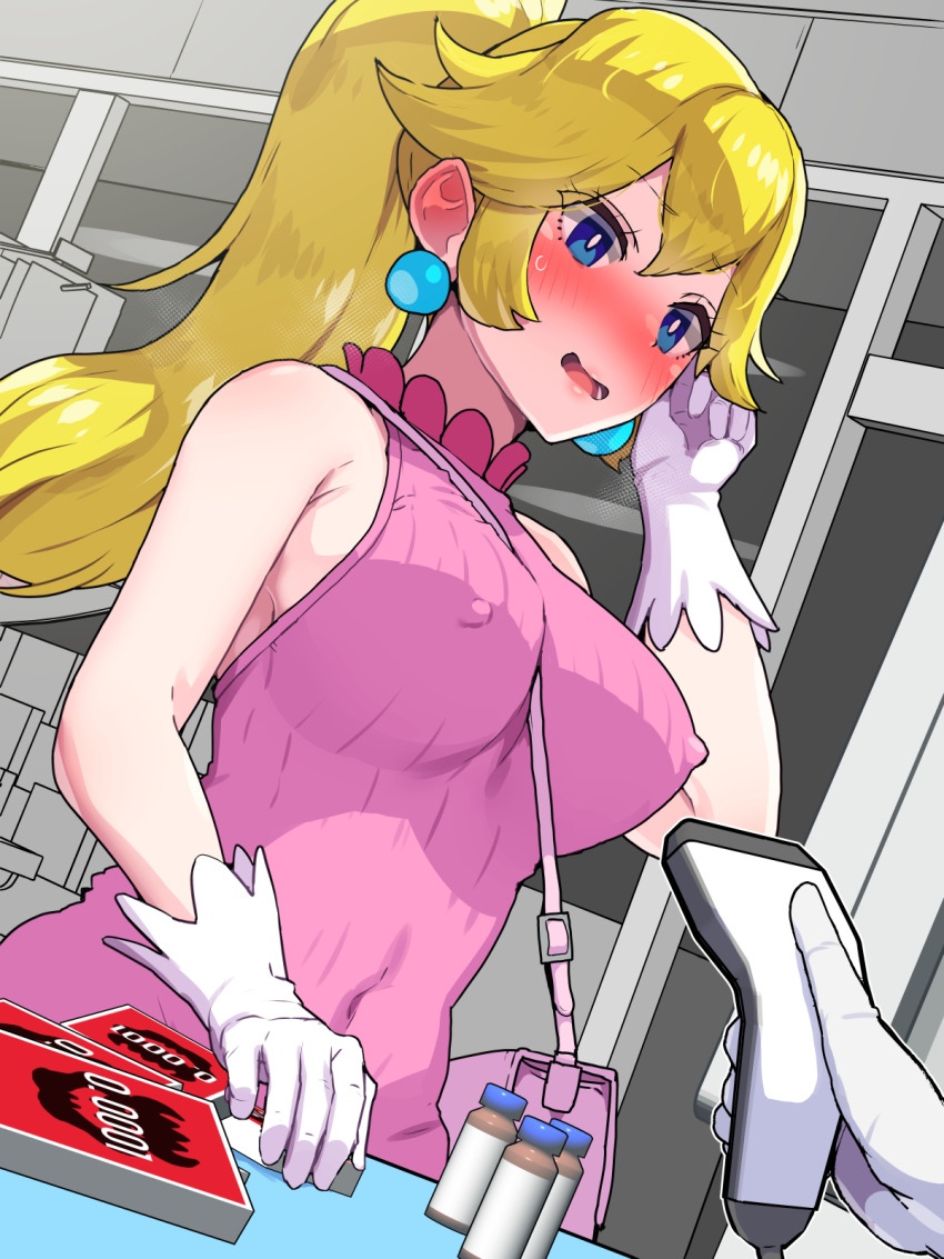 1girl 1other bare_shoulders blonde_hair blue_eyes blush boris_(noborhys) breasts buying_condoms condom_box convenience_store covered_erect_nipples covered_navel embarrassed gloves highres indoors large_breasts looking_ahead mario_(series) nintendo open_mouth ponytail princess_peach ribbed_shirt shirt shop sleeveless sleeveless_shirt solo solo_focus white_gloves