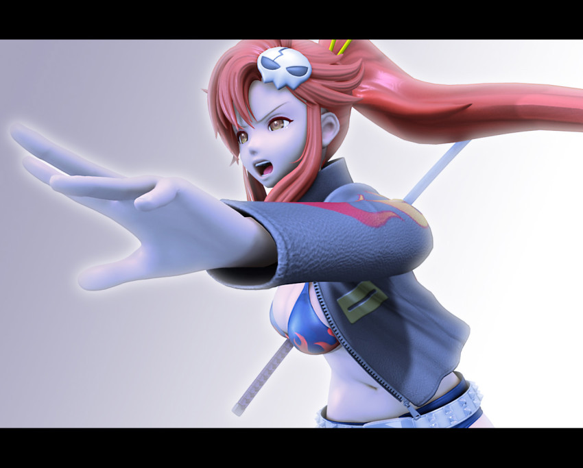 00s 1girl 3d :o belt bikini bikini_top_only breasts brown_eyes buckle cleavage female_focus foreshortening grey_background kanzeon letterboxed long_hair long_sleeves md5_mismatch navel open_mouth ponytail red_eyes red_hair short_shorts shorts simple_background solo stomach swept_bangs swimsuit sword tengen_toppa_gurren_lagann upper_body weapon yoko_littner