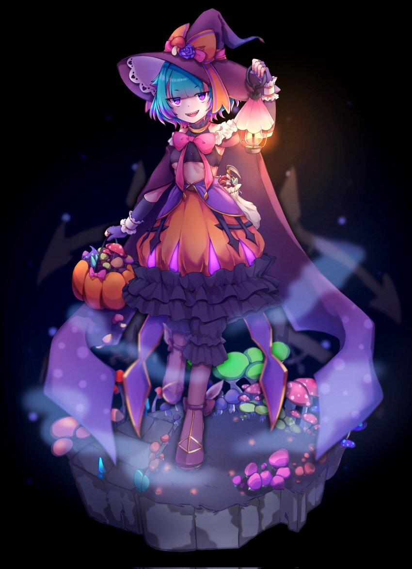 1girl alternate_costume blunt_bangs boots breasts bucket clothing_cutout commentary_request dress fate/grand_order fate_(series) frilled_dress frills gloves green_hair halloween_bucket hat hat_ornament highres holding holding_bucket holding_lantern kibinago_(kibinago614) lantern locusta_(fate) looking_at_viewer midriff multicolored_hair mushroom open_mouth partially_fingerless_gloves purple_eyes purple_hair purple_hat sharp_teeth short_hair small_breasts smile smoke solo stomach_cutout teeth two-tone_hair underboob witch_hat
