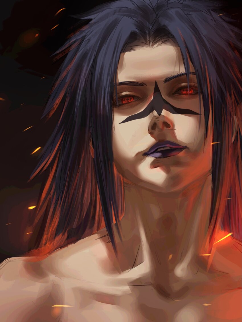 1boy black_hair collarbone commentary english_commentary facial_mark highres lips long_hair looking_at_viewer male_focus naruto_(series) naruto_shippuuden nose nude purple_lips red_eyes sharingan solo tinh_daubuoi uchiha_madara