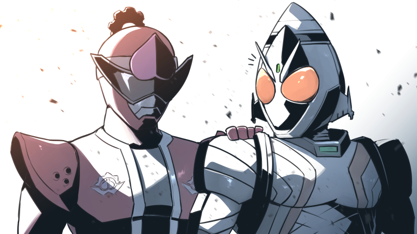 2boys astronaut avataro_sentai_donbrothers commentary_request company_connection donmomotarou hand_on_another&#039;s_shoulder highres kamen_rider kamen_rider_fourze kamen_rider_fourze_(series) kuri_giepi looking_at_another male_focus multiple_boys orange_eyes rocket shading_mismatch sunglasses super_sentai upper_body white_background wings