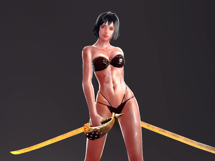 3d black_hair bra dark-skinned_female dark_skin mabinogi mabinogi_heroes oil smile solo underwear vella_(mabinogi) wet
