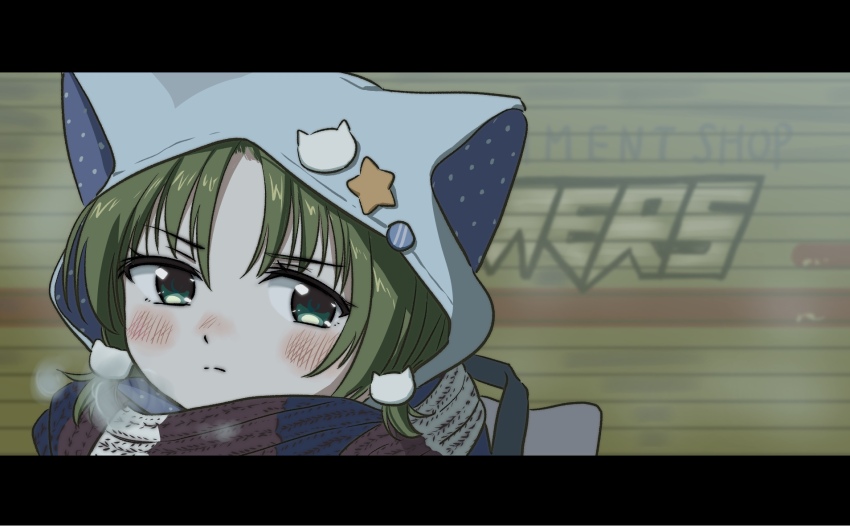 1girl anzu_yoshihiro blush breath closed_mouth dejiko di_gi_charat eyelashes gamers_(store) green_eyes green_hair hat hat_with_ears highres hood hood_up letterboxed looking_at_viewer outdoors scarf short_hair solo winter