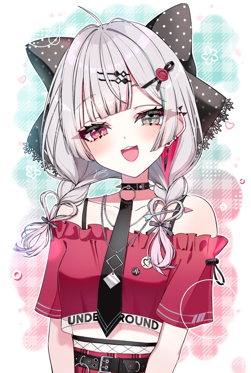 1girl absurdres bare_shoulders belt black_belt black_bow black_collar black_necktie blush bow collar crop_top grey_eyes grey_hair hair_bow hair_ornament hairclip hana_s heart heterochromia highres ishigami_nozomi ishigami_nozomi_(1st_costume) looking_at_viewer multicolored_hair necktie nijisanji open_mouth red_eyes red_hair solo teeth two-tone_hair upper_body upper_teeth_only virtual_youtuber