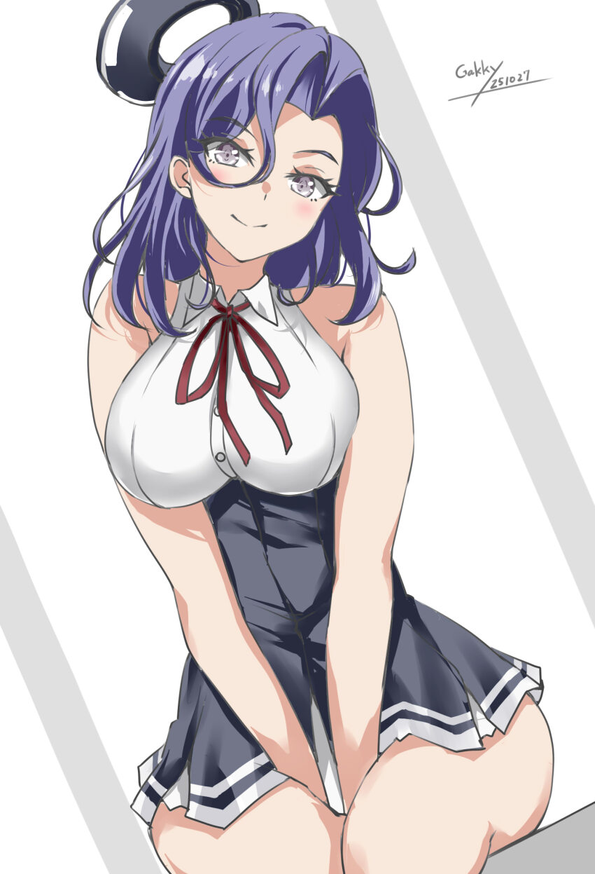 1girl between_legs black_gloves breasts gakky gloves halo headgear high-waist_skirt highres kantai_collection large_breasts long_hair looking_at_viewer mechanical_halo purple_eyes purple_hair ribbon shirt short_hair sitting skirt sleeveless sleeveless_shirt smile solo tatsuta_(kancolle) tatsuta_kai_ni_(kancolle) white_background