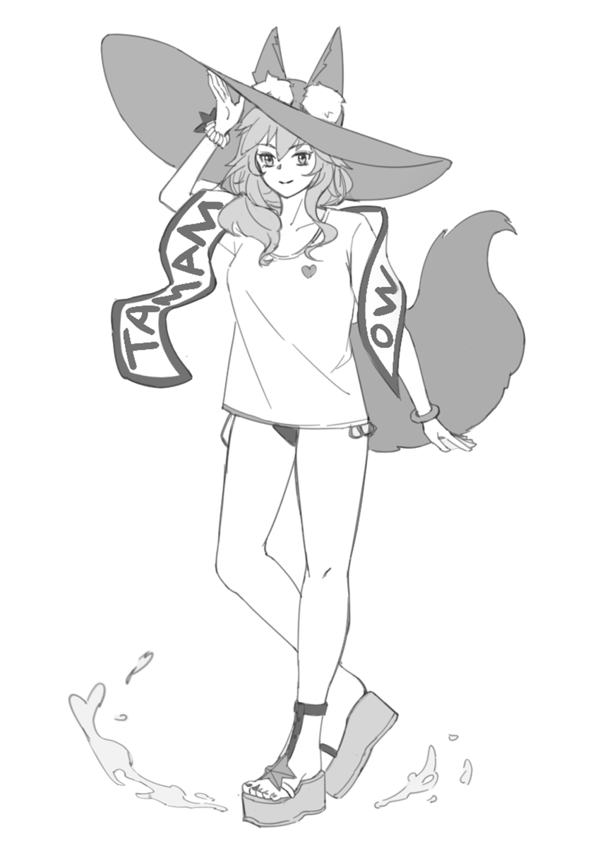 1girl absurdres animal_ears armlet bikini bracelet fate/grand_order fate_(series) fox_ears fox_tail hand_on_headwear highres jewelry just_we large_hat long_hair original platform_sandals ribbon sandals shirt smile solo solo_focus swimsuit tail tamamo_(fate) tamamo_no_mae_(fate) tamamo_no_mae_(swimsuit_lancer)_(fate) tamamo_no_mae_(swimsuit_lancer)_(first_ascension)_(fate) water