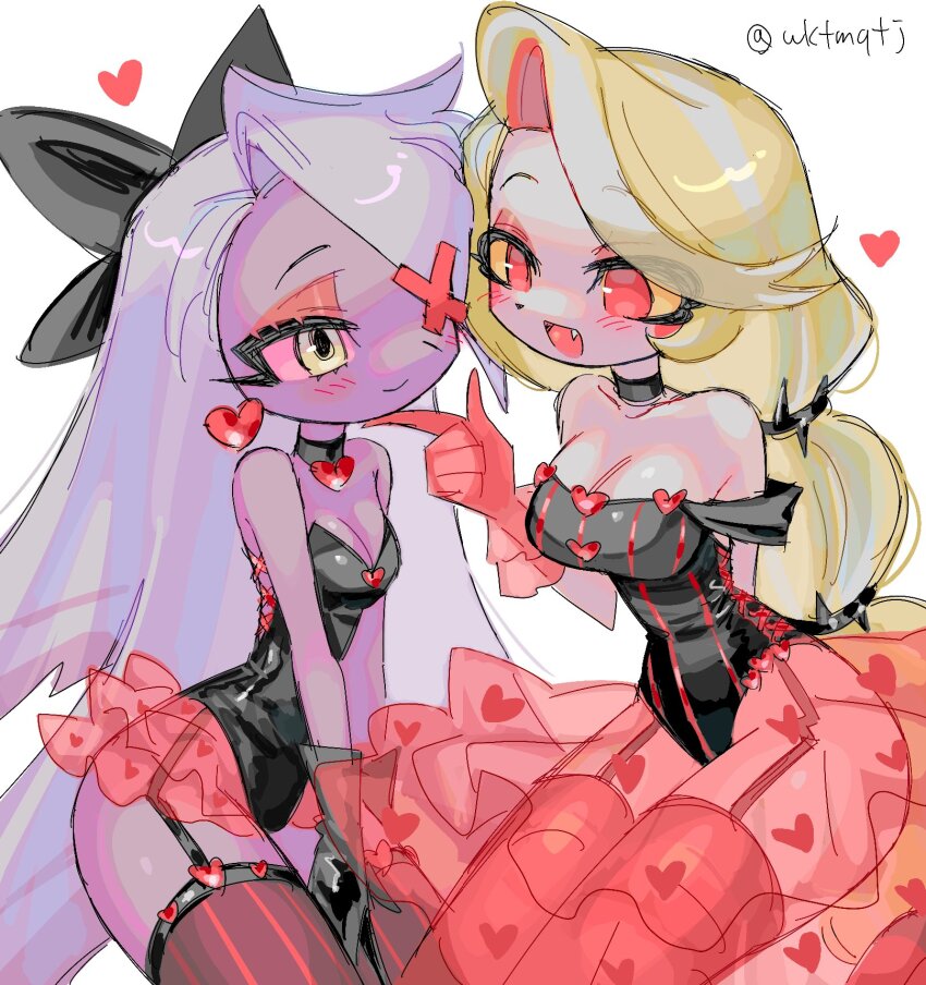 2girls blonde_hair blush breasts charlie_morningstar circle_facial_mark cleavage colored_sclera colored_skin couple demon_girl fang garter_straps grey_hair grey_skin hand_on_another&#039;s_chin hazbin_hotel heart heart_print highres leotard multiple_girls official_alternate_costume pink_sclera red_eyes see-through_clothes see-through_skirt skirt smile thighhighs vaggie wktmqtj yellow_eyes yellow_sclera yuri