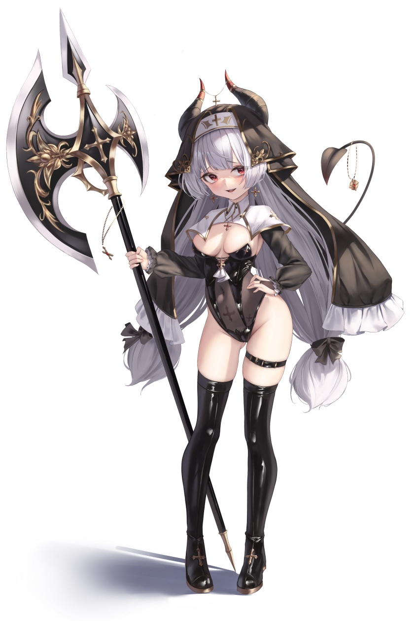 1girl absurdres averting_eyes black_boots black_bow black_bridal_gauntlets black_leotard black_sleeves black_veil blush boots bow breasts breasts_apart bridal_gauntlets commentary demon_tail earrings fingernails floating_earrings full_body gold_trim grey_hair hair_bow highleg highleg_leotard highres holding hong_(vsak3373) horns jewelry leotard long_hair long_sleeves medium_breasts navel open_mouth original red_eyes see-through_clothes see-through_leotard shadow shrug_(clothing) simple_background single_bridal_gauntlet spade_(shape) standing strapless strapless_leotard tail teeth thigh_boots thigh_strap upper_teeth_only veil very_long_hair weapon_request white_background white_shrug