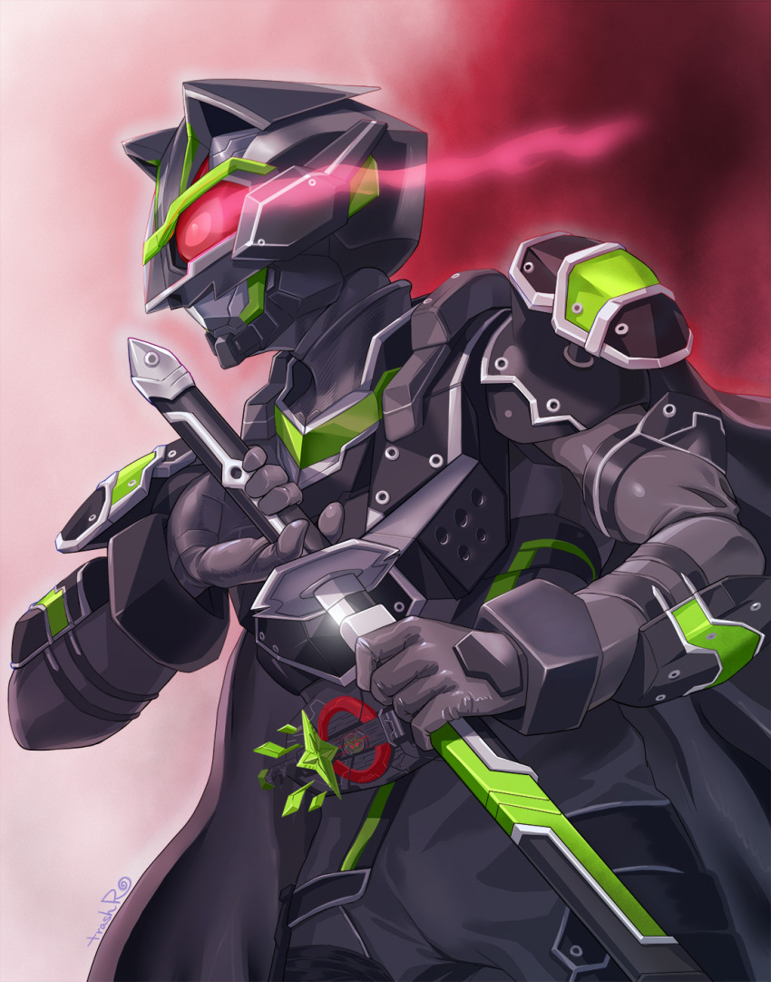 1boy animal_ears armor black_armor black_bodysuit bodysuit bujinsword_buckle cape desire_driver rider_belt fake_animal_ears glowing glowing_eyes helmet highres holding holding_sword holding_weapon huujyu kamen_rider kamen_rider_geats_(series) kamen_rider_tycoon kamen_rider_tycoon_bujinsword katana male_focus raccoon_ears red_eyes red_visor sheath sword unsheathing weapon