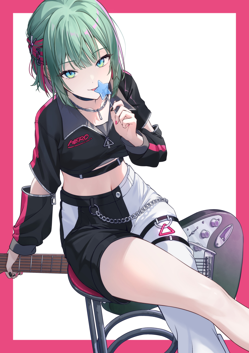 1girl absurdres asymmetrical_clothes black_choker black_pants black_shirt breasts choker clothing_cutout collared_shirt commentary crop_top crossed_legs electric_guitar feet_out_of_frame find_the_dream_view_(project_sekai) green_eyes green_hair guitar hand_up hatsune_miku highres holding holding_guitar holding_instrument instrument leo/need_miku long_sleeves looking_at_viewer medium_breasts midriff navel official_alternate_costume official_alternate_hair_length official_alternate_hairstyle pants project_sekai shirt short_hair shoulder_cutout single_pantsleg sitting smile solo split-color_clothes stool thighs timmoo tongue tongue_out two-tone_pants vocaloid white_pants