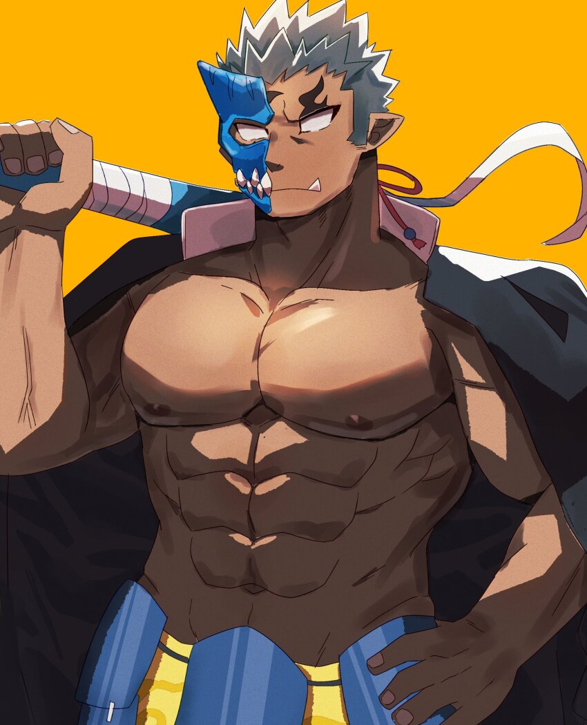 1boy abs absurdres bara bare_pectorals baseball_bat blank_eyes cowboy_shot dark-skinned_male dark_skin facing_viewer gakuran half_mask highres horned_mask jacket jacket_on_shoulders large_pectorals long_hair male_focus mask metal_baseball_bat monster_boy muscular muscular_male navel nipples oni_mask pectorals ponytail school_uniform shuten_douji_(housamo) solo standing stomach strongman_waist suna_sand1 thick_eyebrows tokyo_houkago_summoners tusks white_hair