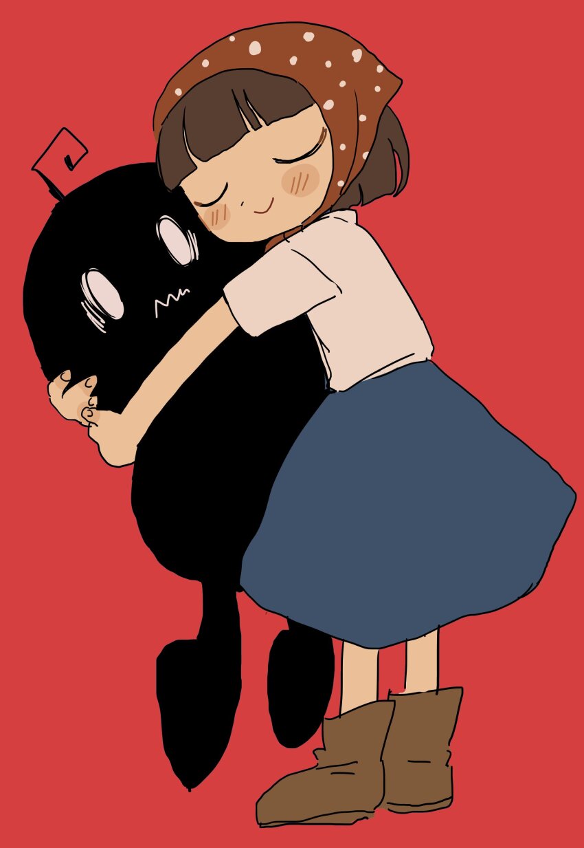 1girl absurdres ahoge blue_skirt blunt_bangs blush_stickers boots brown_hair headscarf highres hug ikuta_semi krobus medium_hair monster red_background red_headscarf simple_background sketch skirt stardew_valley wavy_mouth