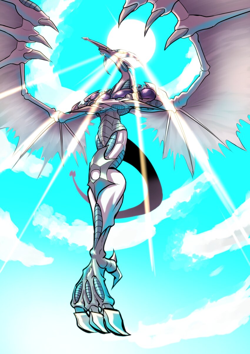 absurdres crossed_arms dragon duel_monster full_body go_madare highres midair no_humans solo stardust_dragon sunlight white_wings wings yu-gi-oh! yu-gi-oh!_5d&#039;s