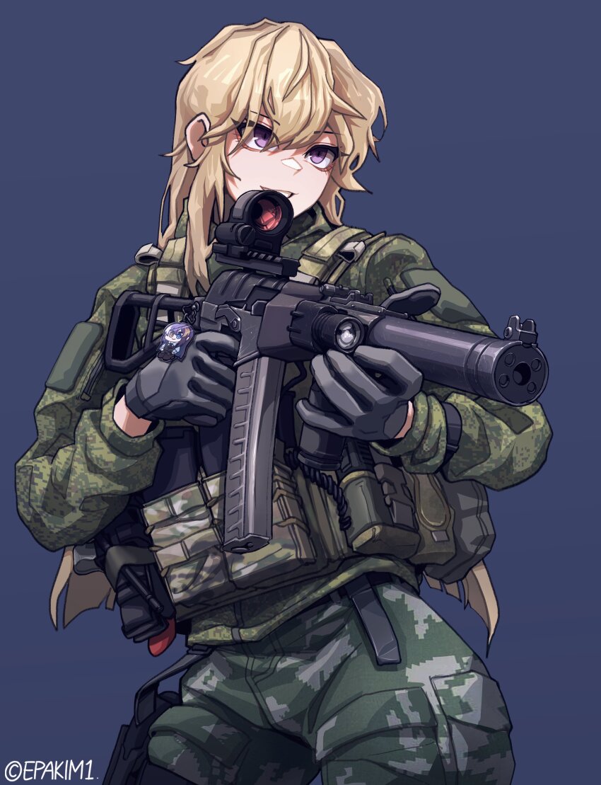 1girl absurdres ammunition_pouch as_val assault_rifle black_gloves blonde_hair blue_background blue_eyes brown_jacket camouflage camouflage_jacket camouflage_pants crotch_plate epakim flashlight foregrip gloves grey_pants gun hair_between_eyes highres holding holding_gun holding_weapon holster jacket kalashnikov_rifle long_hair long_sleeves magazine_(weapon) original pants parted_lips pouch rifle simple_background smile solo thigh_holster twitter_username weapon