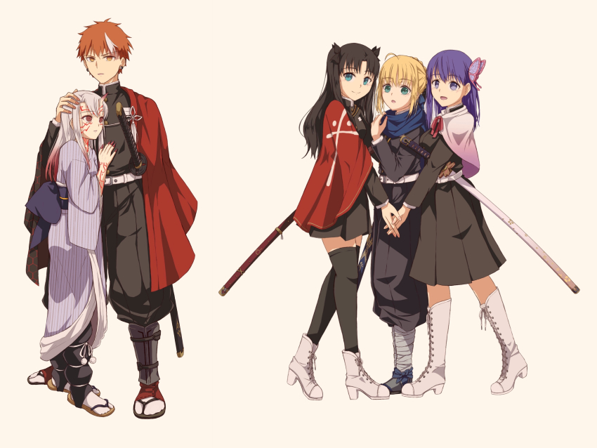 1boy 1girl 4girls absurdres ahoge artoria_pendragon_(fate) avpg7332 black_hair blonde_hair blue_eyes boots braid breasts checkered_sash cosplay crossover dress earrings emiya_shirou excalibur_(fate/stay_night) fate/stay_night fate_(series) feather_hair_ornament feathers green_eyes hair_between_eyes hair_ornament hair_ribbon haori highres horns illyasviel_von_einzbern japanese_clothes jewelry kamado_nezuko kamado_tanjirou kamado_tanjirou_(cosplay) kimetsu_no_yaiba kimono kochou_shinobu kochou_shinobu_(cosplay) lace-up_boots long_hair looking_at_viewer matou_sakura multicolored_hair multiple_girls nail_polish orange_hair pants pants_tucked_in purple_eyes purple_hair red_eyes red_ribbon ribbon saber_(fate) sheath sheathed shin_guards short_hair simple_background single_horn smile spoilers tabi tagme tohsaka_rin two_side_up weapon white_background white_hair white_legwear yellow_eyes