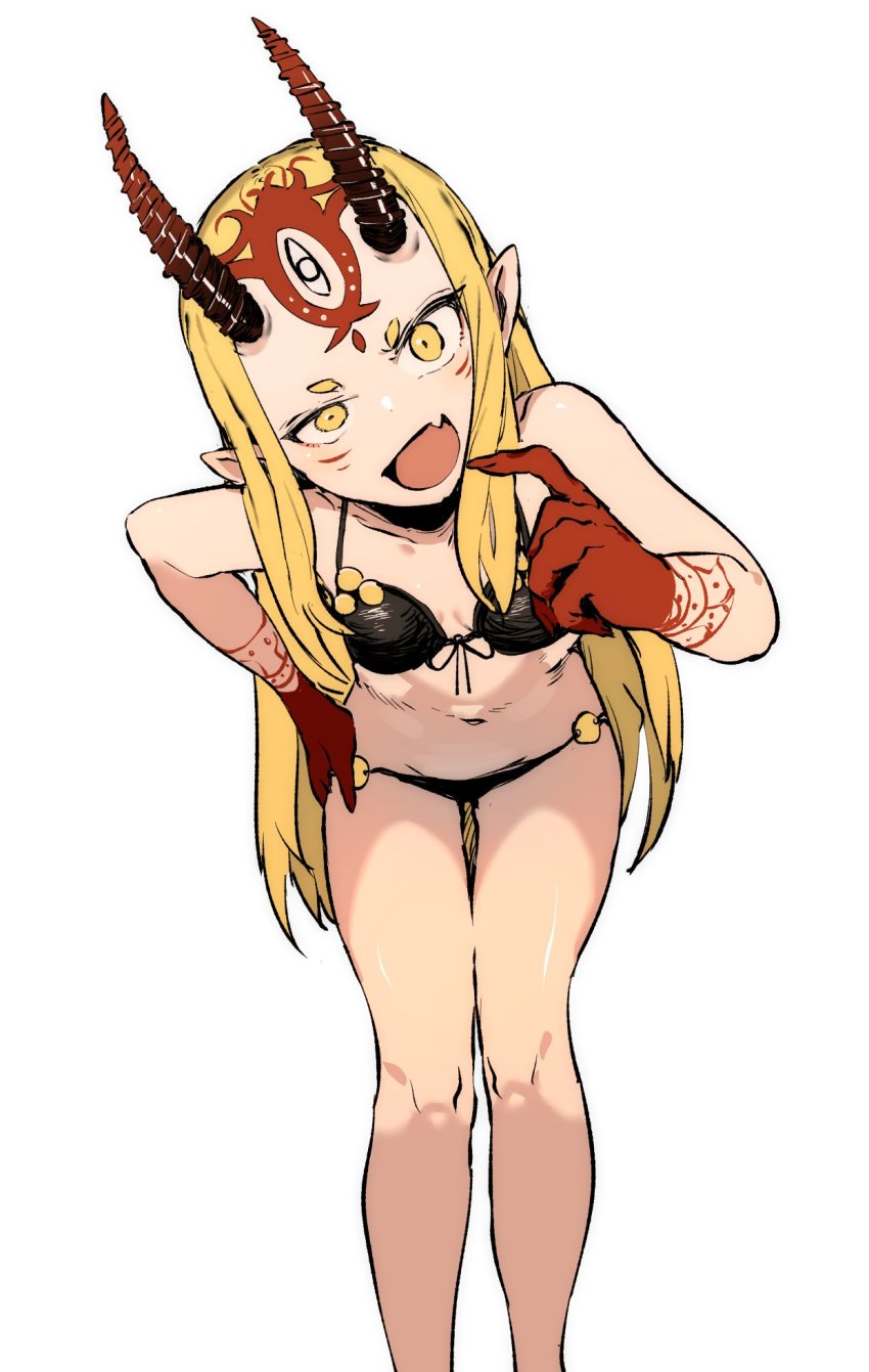 1girl bent_over bikini black_bikini blonde_hair breasts ddari facial_mark fang fate/grand_order fate_(series) feet_out_of_frame fingernails forehead_mark head_tilt highres horns ibaraki_douji_(fate) ibaraki_douji_(fate/grand_order) ibaraki_douji_(swimsuit_lancer)_(fate) ibaraki_douji_(swimsuit_lancer)_(first_ascension)_(fate) long_hair looking_at_viewer navel oni oni_horns open_mouth pointy_ears sharp_fingernails short_eyebrows simple_background skin_fang small_breasts smile solo swimsuit tattoo thigh_gap white_background yellow_eyes