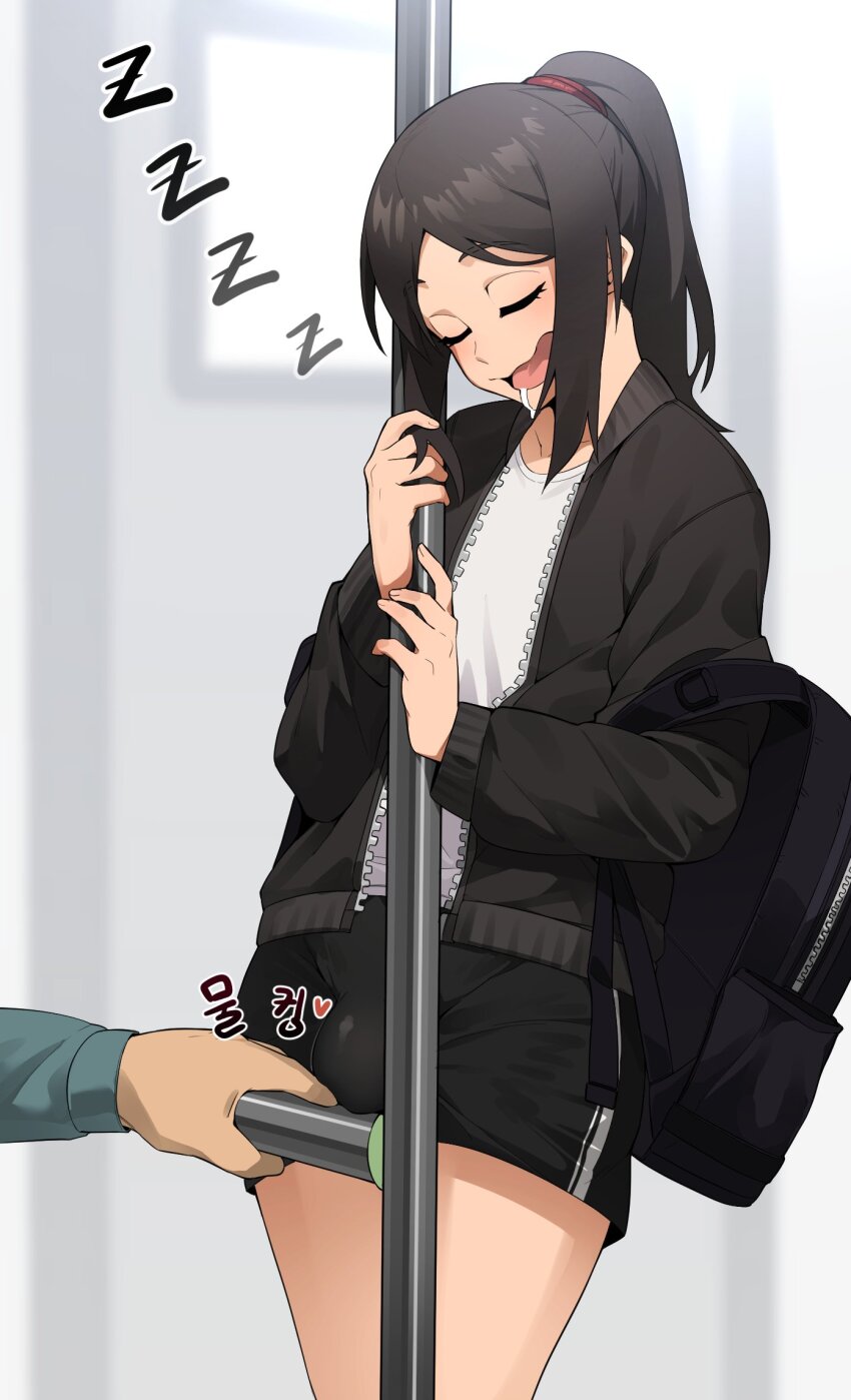 2boys artist_self-insert backpack bag black_bag black_hair black_jacket black_shorts blurry blurry_background blush bulge closed_eyes commentary cowboy_shot crossdressing drooling english_commentary eyelashes grey_background hands_up highres in_(ain) jacket korean_text long_hair long_sleeves male_focus multiple_boys open_clothes open_jacket open_mouth original out_of_frame ponytail shirt short_shorts shorts sidelocks sleeping solo_focus sound_effects thighs trap white_shirt yaoi zzz