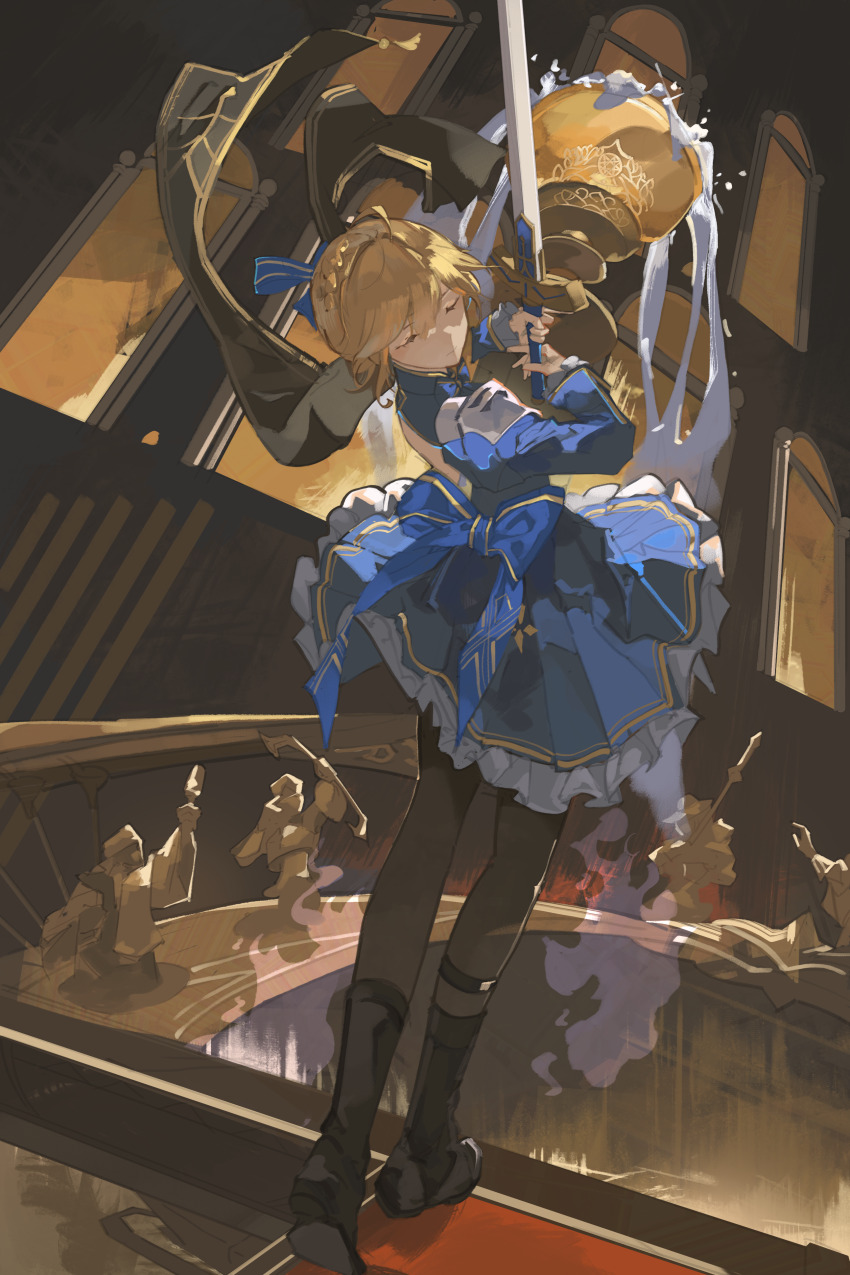 1girl absurdres armor artoria_pendragon_(fate) black_boots black_pantyhose blonde_hair blue_dress boots braid braided_bun closed_eyes closed_mouth dress fate/stay_night fate_(series) from_behind hair_between_eyes hair_bun highres holding holding_sword holding_weapon honkai:_star_rail honkai_(series) pantyhose pauldrons saber_(fate) saber_(honkai:_star_rail)_(fate) saturn_(saturn_illus) shoulder_armor solo sword weapon