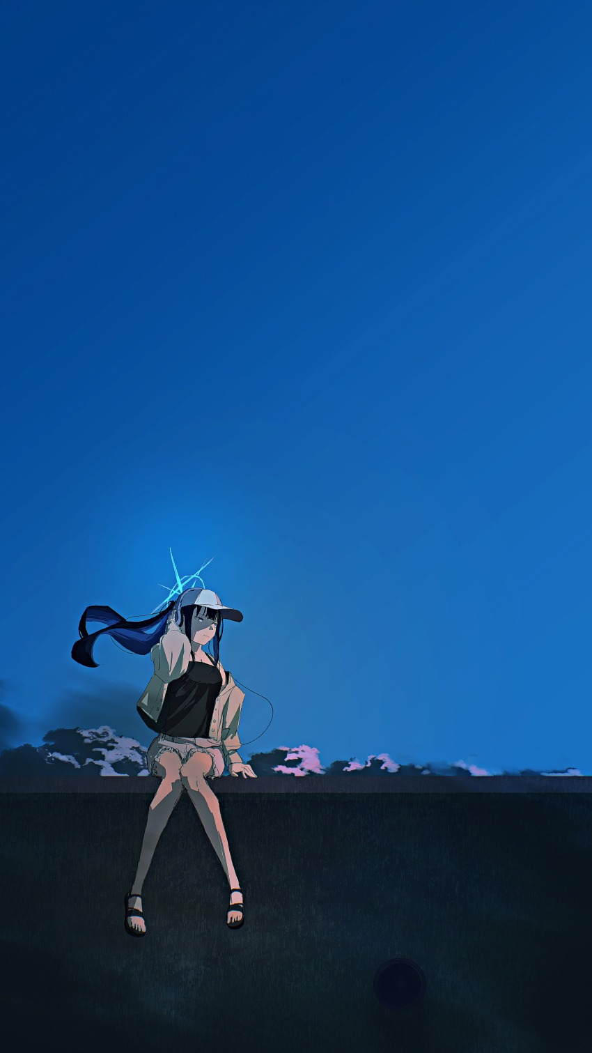 1girl absurdres baseball_cap black_hair black_shirt blue_archive blue_hair blue_halo blue_sky cloud commentary_request halo hand_on_headphones hat headphones highres jacket kani_etizen03 looking_to_the_side multicolored_hair official_alternate_costume saori_(blue_archive) saori_(swimsuit)_(blue_archive) shirt shorts sitting sky solo two-tone_hair