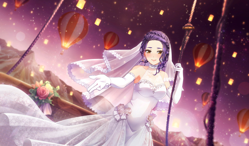 1girl aircraft blurry blush braid bridal_veil cinderella_series closed_mouth cowboy_shot depth_of_field dress dutch_angle earrings elbow_gloves film_grain flower game_cg glint gloves hachigatsu_no_cinderella_nine highres holding holding_rope hot_air_balloon izumida_kyouka jewelry lens_flare light_particles looking_at_viewer mountain night non-web_source official_alternate_hairstyle official_art orange_eyes outdoors purple_hair reaching reaching_towards_viewer rope rose sky sleeveless sleeveless_dress smile solo veil wedding_dress white_dress white_flower white_gloves white_rose
