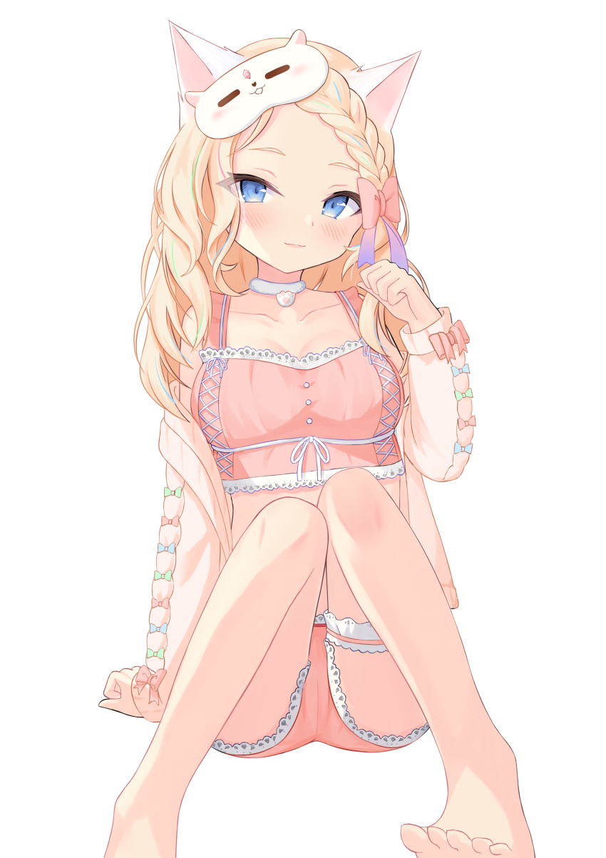 1girl absurdres animal_ears arm_support asymmetrical_bangs barefoot blonde_hair blue_bow blue_eyes blue_hair blush bow braid braided_bangs breasts cameltoe cardigan cat_ears cat_girl choker clenched_hands closed_mouth collarbone crystal feet female_focus forehead frilled_shirt frilled_shorts frilled_thigh_strap frills gem green_bow green_hair hair_bow half-closed_eyes hand_up happy highres indie_virtual_youtuber karmq knees_together_feet_apart knees_up long_hair long_sleeves looking_at_viewer mask mask_on_head medium_breasts multicolored_hair off-shoulder_cardigan off_shoulder open_cardigan open_clothes pajamas paw_print peach2d pink_cardigan pink_pajamas pink_shirt pink_shorts red_bow red_gemstone red_hair shirt short_shorts shorts sidelocks simple_background single_braid sitting sleep_mask sleeveless sleeveless_shirt smile solo streaked_hair thigh_strap virtual_youtuber wavy_hair white_background white_choker