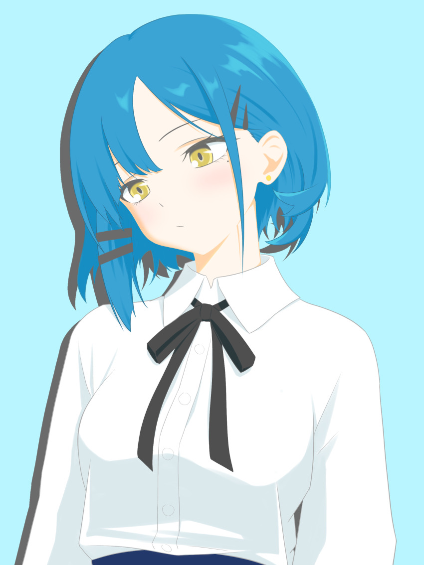 1girl absurdres black_bow blonde_hair blue_background blue_hair bocchi_the_rock! bow hair_ornament highres long_sleeves looking_to_the_side majikichi915 mole mole_under_eye portrait school_uniform shirt short_hair shuka_high_school_uniform side_ponytail white_shirt yamada_ryo yellow_eyes