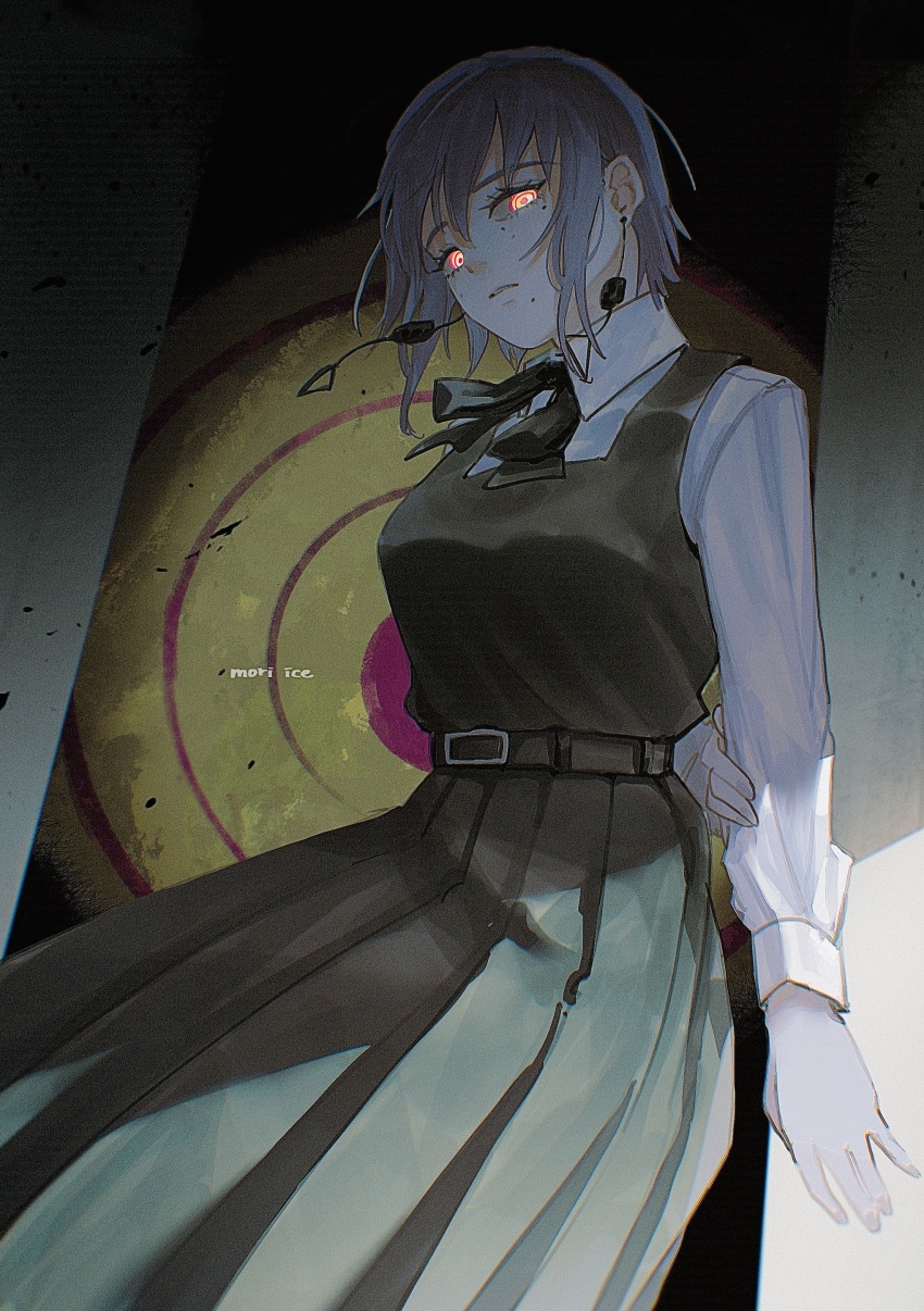 1girl absurdres artist_name black_dress chainsaw_man collared_shirt commentary_request dress earrings fami_(chainsaw_man) fourth_east_high_school_uniform grey_hair highres ice_morinaka jewelry mole mole_under_eye mole_under_mouth multiple_moles pinafore_dress ringed_eyes school_uniform shirt sleeveless sleeveless_dress solo target white_shirt yellow_eyes