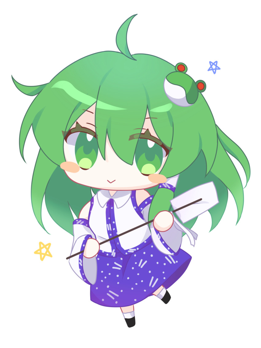 1girl absurdres bare_shoulders black_footwear blush_stickers chibi chibi_only chinese_commentary closed_mouth commentary_request detached_sleeves empty401 frog_hair_ornament full_body gohei green_eyes green_hair hair_between_eyes hair_ornament hair_tubes highres holding holding_gohei kochiya_sanae looking_at_viewer medium_hair simple_background single_hair_tube skirt smile socks solo touhou white_background white_sleeves white_socks wide_sleeves