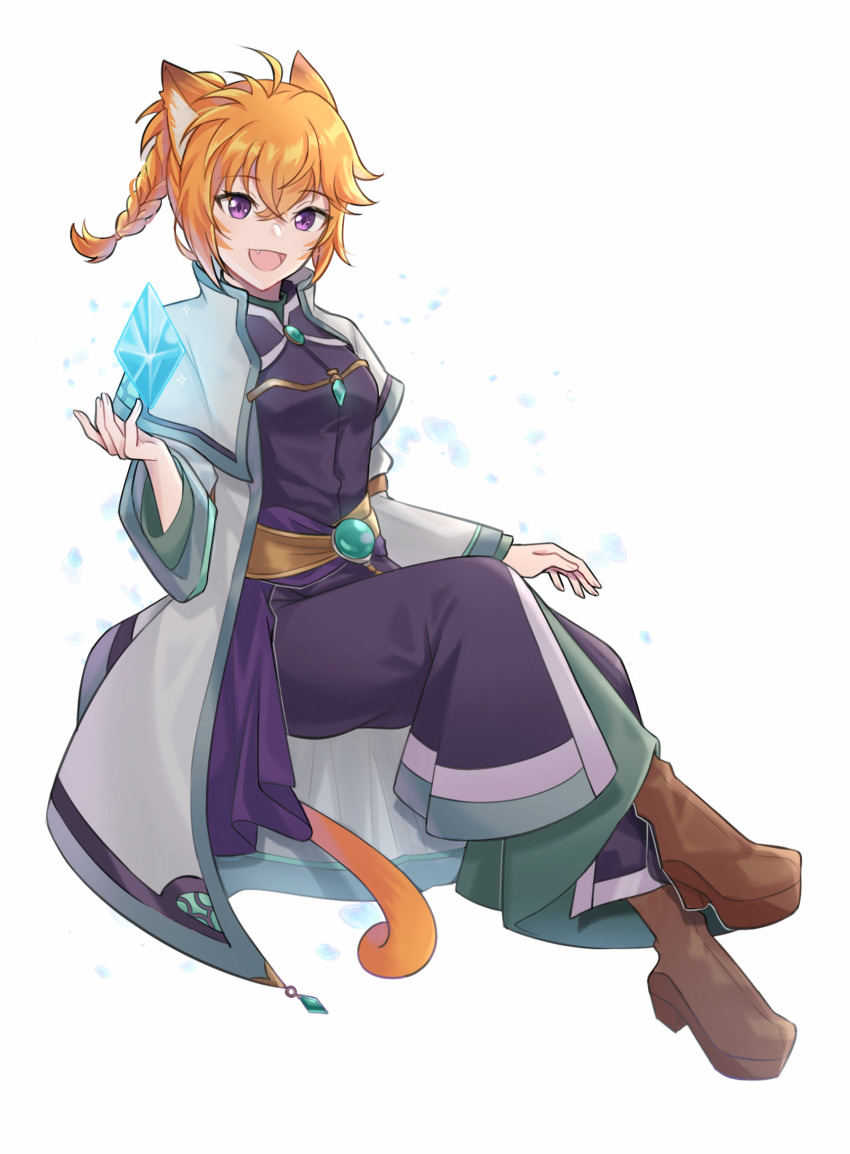 1girl alternate_costume animal_ears boots braid brown_boots cat_ears cat_girl cat_tail commission commissioner_upload facepaint fang fire_emblem fire_emblem:_path_of_radiance fire_emblem:_radiant_dawn gem highres ice lyre_(fire_emblem) messy_hair nintendo open_mouth orange_hair purple_eyes sitting smile solo tail white_background witchi