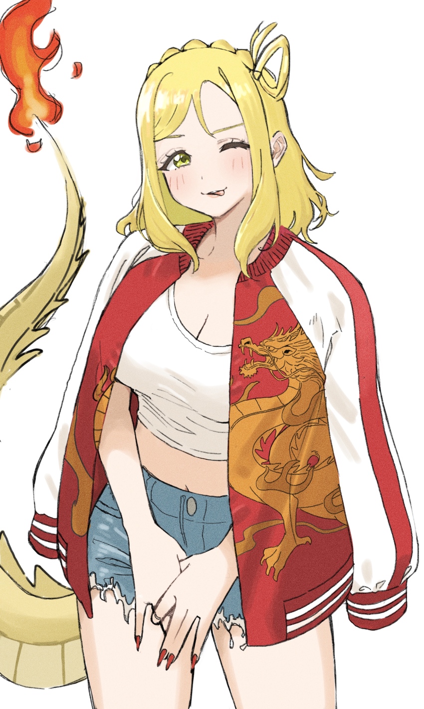 1girl absurdres blonde_hair blush braid breasts cleavage collarbone commentary_request cowboy_shot cutoffs denim denim_shorts dragon_tail dunchy fingernails fire green_eyes hair_rings highres jacket jacket_on_shoulders large_breasts long_fingernails long_hair looking_at_viewer love_live! love_live!_sunshine!! midriff navel ohara_mari one_eye_closed open_clothes open_jacket red_jacket shirt short_shorts shorts simple_background single_hair_ring smile solo standing stomach sukajan tail thighs translation_request white_background white_shirt