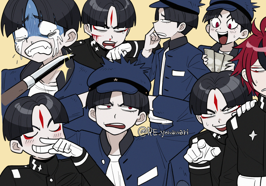 2boys black_hair black_jacket blade_to_throat blood blood_from_mouth blood_on_face blue_hat blue_jacket blush commentary_request eyeliner facial_mark forehead_mark furukawa_(yomawari) gloves hand_on_another&#039;s_shoulder hat highres holding holding_money injury jacket last_defense_academy_school_uniform makeup male_focus maruko_gaku money multicolored_hair multiple_boys nosebleed pointing red_eyeliner red_eyes red_hair school_uniform short_hair small_sweatdrop streaked_hair sumino_takumi the_hundred_line_-last_defense_academy- twitter_username very_short_hair white_gloves