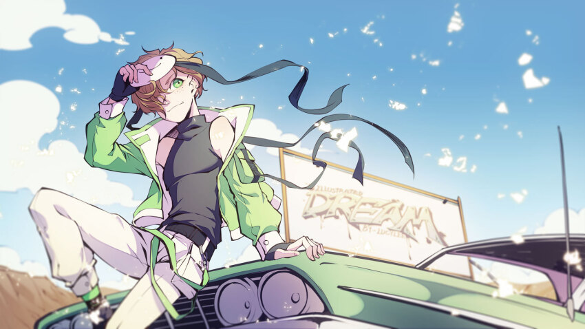 1boy alternate_costume animification bare_shoulders billboard bishounen black_headband black_shirt blonde_hair blue_sky car character_name cloud commentary day dream_(youtuber) english_commentary english_text green_eyes green_jacket headband highres jacket lucylee158 male_focus mask mask_on_head minecraft_youtube motor_vehicle open_clothes open_jacket outdoors pants shirt short_hair sky sleeveless sleeveless_shirt smile smiley_face solo turtleneck unworn_mask vehicle_request wavy_hair white_pants