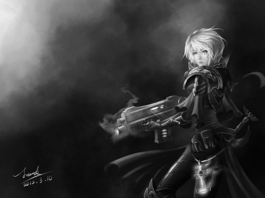 .75_calibre_bolt 1girl adepta_sororitas anti-materiel_cartridge bolt_(warhammer_40k) bolter dated facial_mark female_focus greyscale gun high-explosive_cartridge highres monochrome rocket-assisted_projectile signature sisters_of_battle solo steam warhammer_40k weapon window_magazine