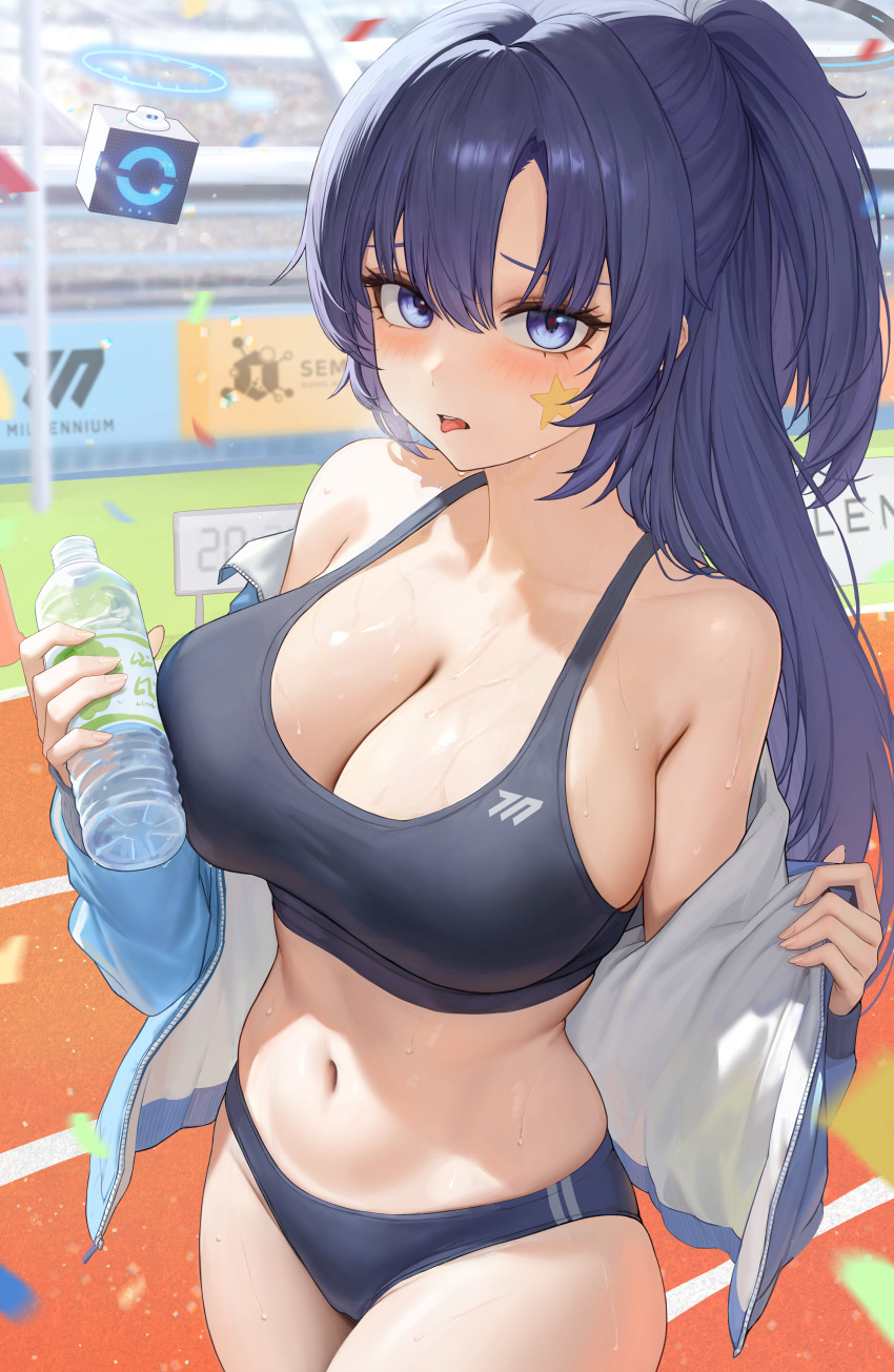 1girl absurdres bare_shoulders black_buruma black_sports_bra blue_archive blue_eyes blue_hair blue_jacket blush bottle breasts buruma cleavage day halo heine_(haloo1101) highres holding holding_bottle jacket large_breasts long_hair long_sleeves looking_at_viewer navel off_shoulder official_alternate_costume open_clothes open_jacket outdoors parted_bangs parted_lips solo sports_bra stomach sweat thighs tongue tongue_out track_and_field water_bottle yuuka_(blue_archive) yuuka_(track)_(blue_archive)