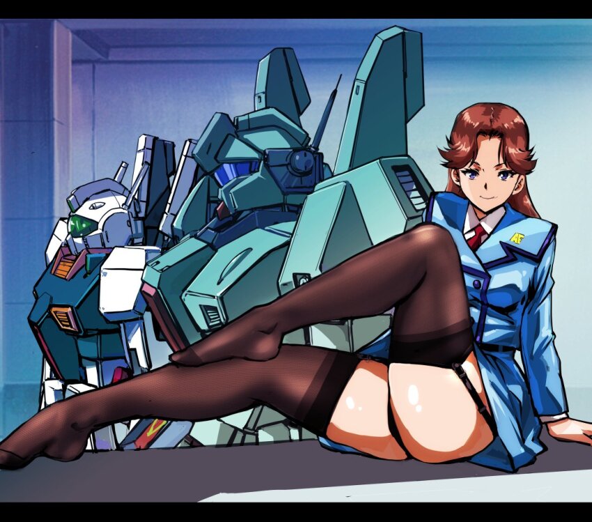 1girl anaheim_electronics arm_support assault_visor black_panties black_thighhighs blue_jacket blue_skirt breasts brown_hair char&#039;s_counterattack closed_mouth collared_shirt commentary_request garter_straps gm_iii gundam jacket jegan kamisimo_90 knee_up legs letterboxed long_hair long_legs long_sleeves looking_at_viewer mecha medium_breasts mobile_suit necktie no_shoes outstretched_leg panties pantyshot purple_eyes radio_antenna red_necktie robot science_fiction shirt sitting skirt smile solo thighhighs thighs underwear white_shirt