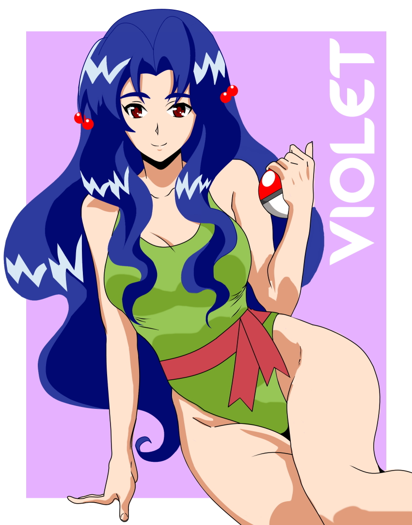 1girl azielarcangel bare_arms bare_shoulders blue_hair border brown_eyes character_name facing_viewer green_leotard green_one-piece_swimsuit hair_bobbles hair_ornament highres leotard long_hair looking_at_viewer nintendo one-piece_swimsuit outside_border pokemon pokemon_(anime) pokemon_(classic_anime) purple_background self-upload simple_background sitting smile solo swimsuit tagme violet_(pokemon) white_border yokozuwari