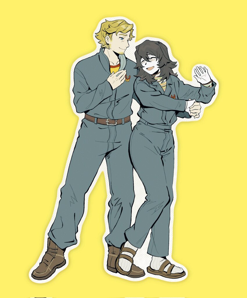 1boy 1girl :d ^_^ anya_(mouthwashing) black_hair blonde_hair blue_eyes blush brown_footwear closed_eyes commentary curly_(mouthwashing) curly_(pre-crash)_(mouthwashing) dancing english_commentary facial_hair full_body goatee hand_on_own_chest highres jumpsuit looking_at_another medium_hair mouthwashing open_mouth outline pale_skin sandals shirt short_hair simple_background smile socks striped_clothes striped_shirt teskune_a yellow_background