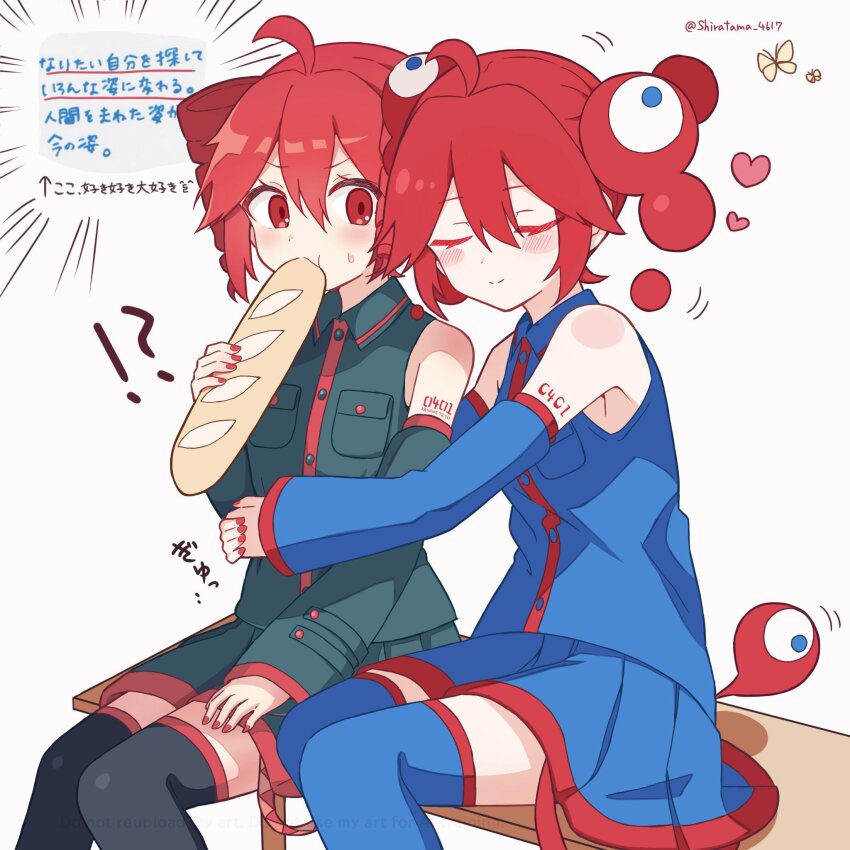 !? 2girls ahoge baguette belt bench black_skirt black_sleeves black_thighhighs blue_shirt blue_skirt blue_sleeves blush bread breast_pocket bug butterfly buttons closed_mouth collared_shirt detached_sleeves drill_hair dual_persona eating expo2025 food hair_between_eyes hand_up highres hug insect kasane_teto kasane_teto_(utau) looking_at_another multiple_girls myaku-myaku number_tattoo pocket red_belt red_hair red_tattoo shira_461 shirt shoulder_tattoo sitting skirt sleeveless sleeveless_shirt smile sweatdrop tattoo thighhighs translation_request twin_drills utau white_background wing_collar