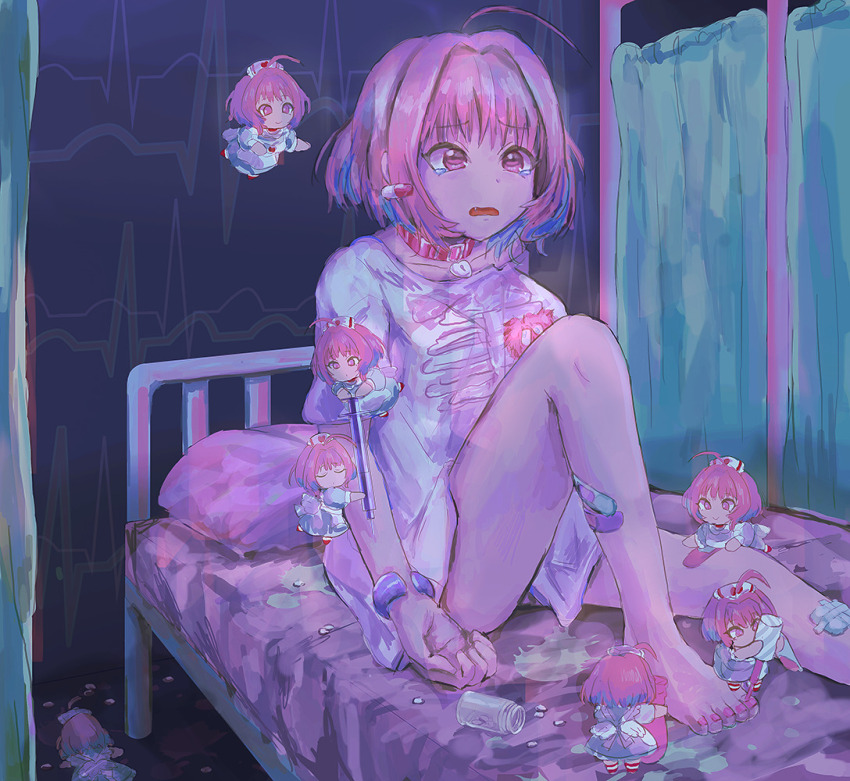 6+girls ahoge applying_pedicure bandaid bandaid_on_leg barefoot bed blue_hair bracelet cardiogram clone collar crying crying_with_eyes_open earrings fang hair_intakes heart heart-shaped_lock heart_collar holding holding_syringe hospital_bed idolmaster idolmaster_cinderella_girls infirmary jewelry knee_up mini_person minigirl mottana multicolored_hair multiple_girls nail_polish_brush open_mouth painting_toenails pill_bottle pill_earrings pillow pink_collar pink_eyes pink_hair privacy_screen shirt short_hair short_sleeves sitting skeleton_print syringe t-shirt tears two-tone_hair yumemi_riamu